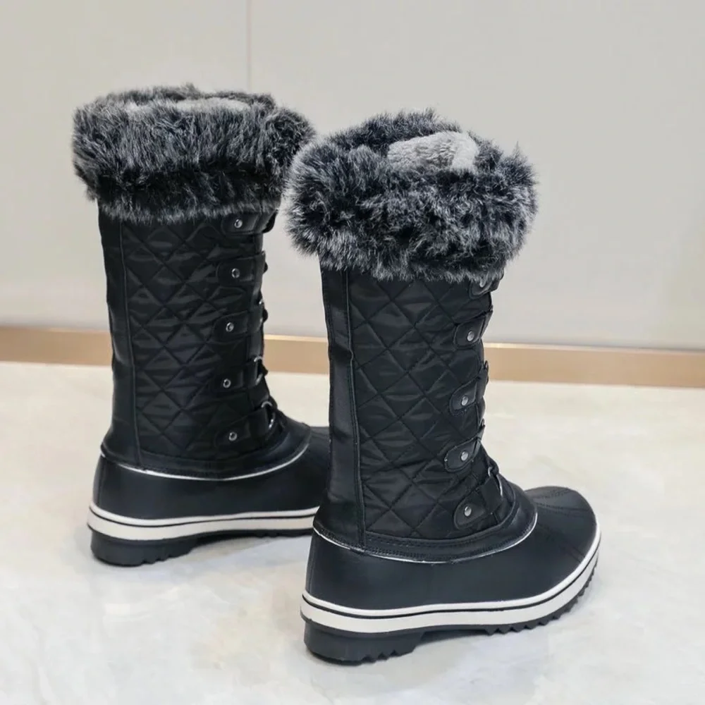 Womens Black Snow Boots Faux Fur Lined Lace Tie Thick Warm Heavyweight - Picture 6 of 9